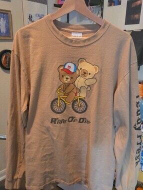 Teddy Fresh XL Tan Long Sleeve Crew Neck Graphic Cotton Knit T-Shirt Ride Or Die